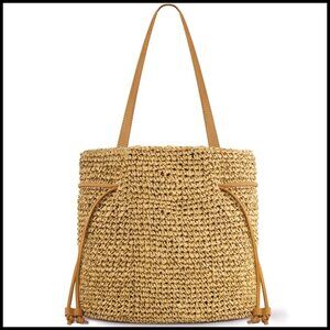 Hand Woven Straw Tote Adjustable Drawstring Beach Bag Boho Chic Summer Vacation